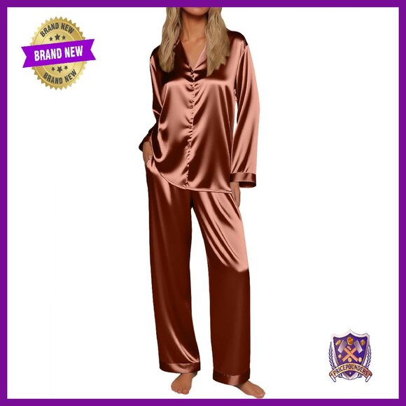 Silk Satin Pajama Set Long Sleeve Button Down Wide Leg Loungewear